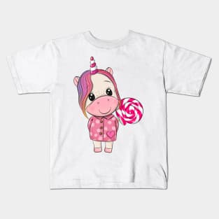 Cute unicorn in a pink coat with a lollipop. Kids T-Shirt